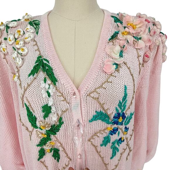 1980s Vintage Floral Hand Embroidered Granny Chunky Cardigan Sweater Pastel Pink - Picture 11 of 12
